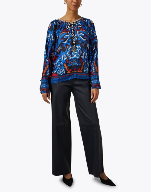 Navy Blue Stretchable Nappa Lamb Leather Straight - Leg Pants