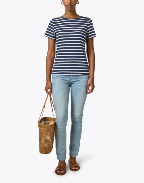 Etrille Stylish Navy and Cream Striped Cotton Casual Top