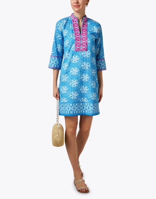 Stylish Blue and Pink Printed Women's Tunic Dress for Daily Wear