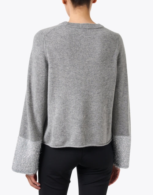 Stylish Grey Wool Blend Sweater with Festive Tinsel Cuffs