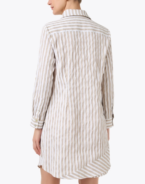 Stretchable Beige and White Striped Cotton Asymmetric Tiered Shirt Dress