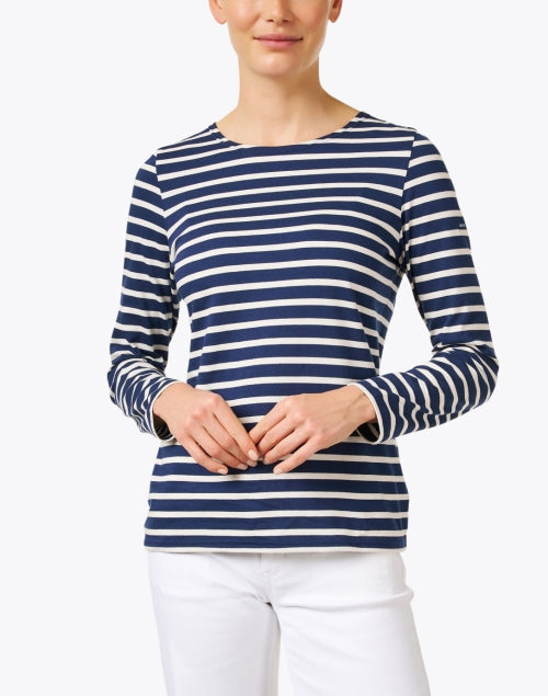 Luxurious Minquidame Navy and Off - White Striped Cotton Casual Top