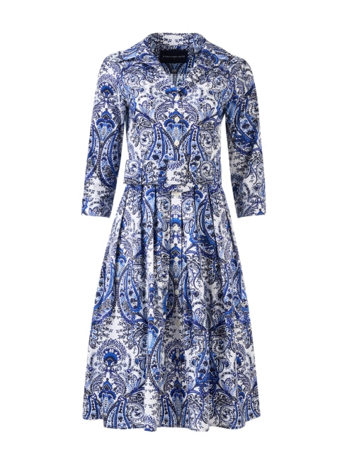 Audrey Stretch Cotton Dress with White and Blue Paisley Print