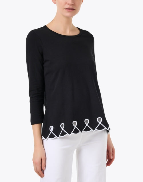 Stylish Black Pima Cotton Knit Top with Embroidered Hem and Eyelet Cutouts