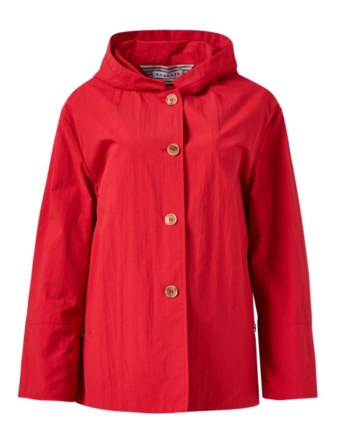 Stylish Red Hooded Jacket with Gold Button Closure