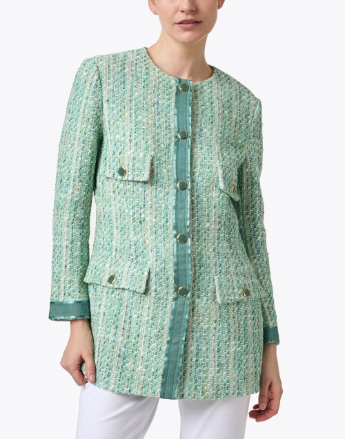 Spring-Forward Green Multi-Pattern Tweed Collarless Jacket