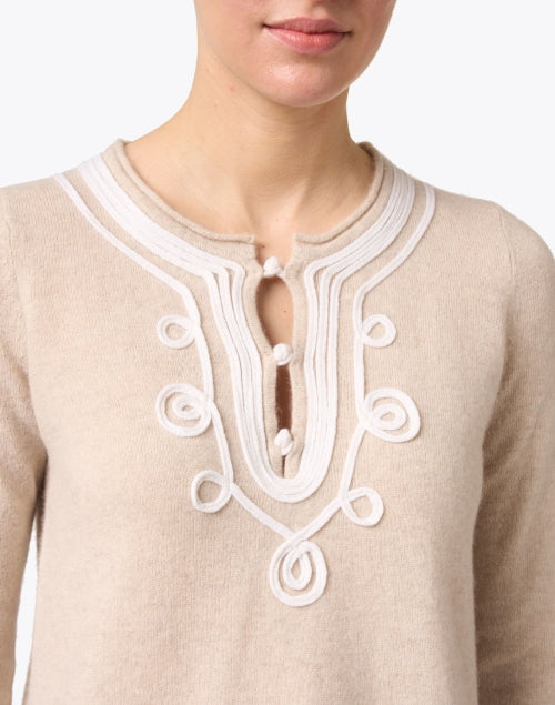 Calipso Beige Cashmere Top with Intricate White Embroidery