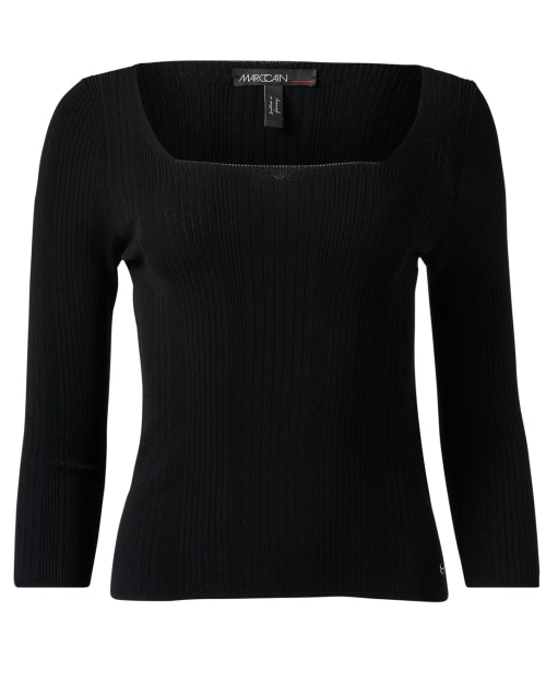 Timeless Black Slim-Fitting Ribbed Top with Square Neck and 3/4 Sleeves