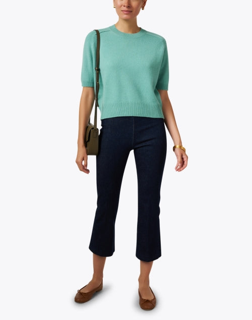 Leo Signature Dark Wash Elastic Waist Cropped Flared Denim Pull-On Pants