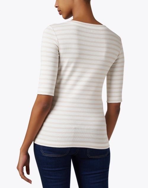Marc Cain's Everyday Beige and White Striped Slim-Fit Round Neck Top