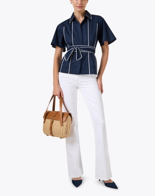 Joanna Navy Adjustable Belted Cotton Blend Top for a Flattering Look