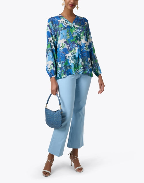 Stylish Ebba Blue Floral Cotton Blend Henley V-Neck Blouse