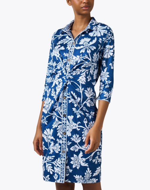 Stylish Navy Intricate Print Three - Quarter Sleeve Twist Shirt Dress