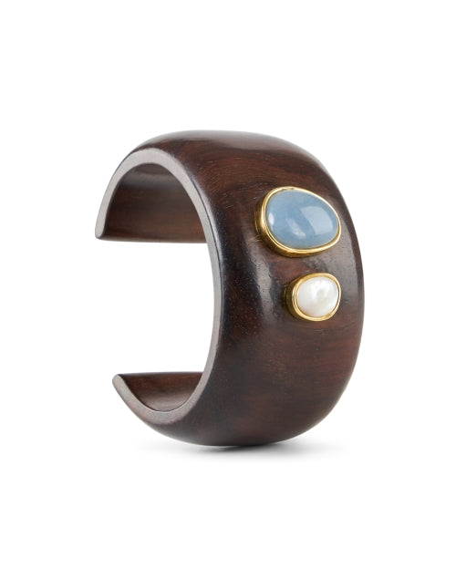 Exquisite Lanna Acacia Wood Cuff Bracelet with Pearls and Angelite