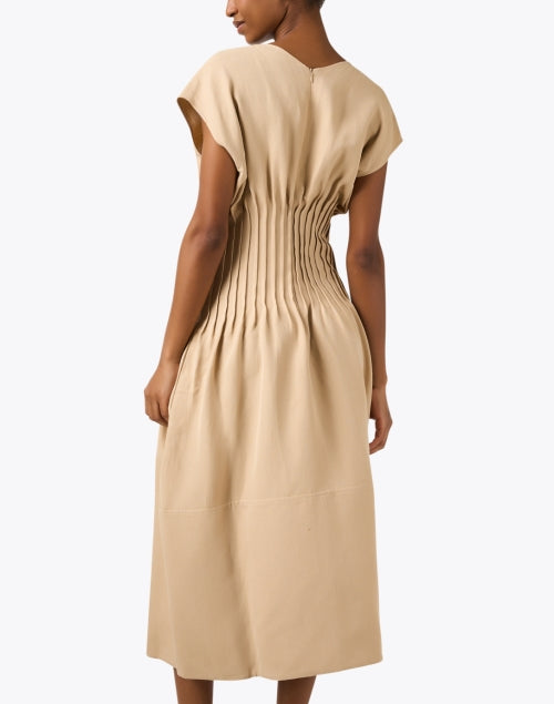 Elegant Beige Linen Blend Pleated Midi Dress