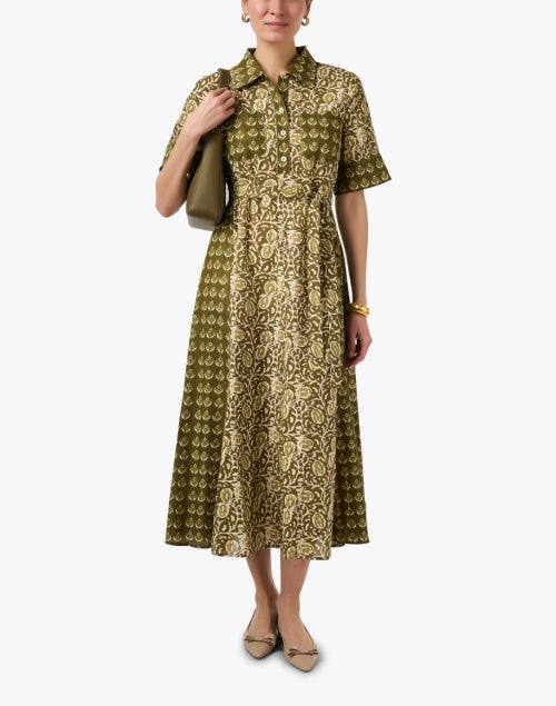 Elegant Women's Green Multi-Print Shirt Style Dress