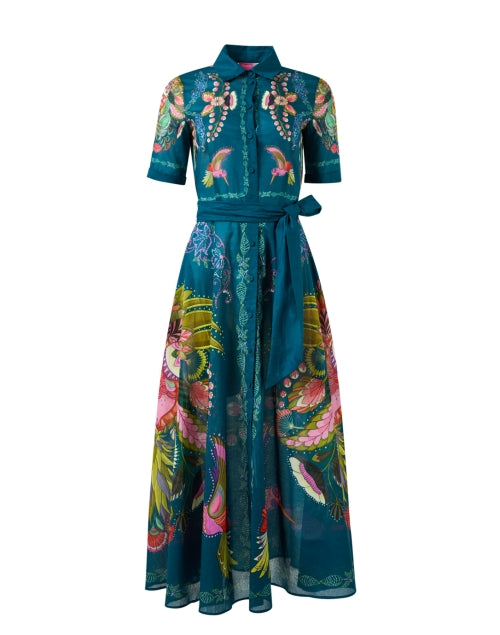 New Season Blue Cotton Shirt Dress with Multi Paisley Print