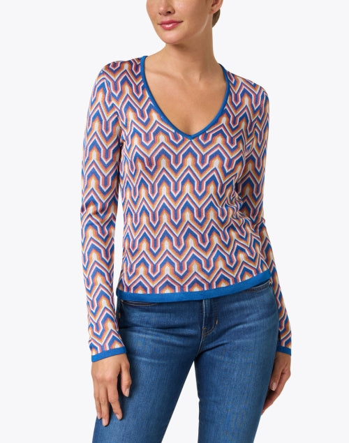 Vibrant Blue Geometric Intarsia Multi - colored V - Neck Sweater