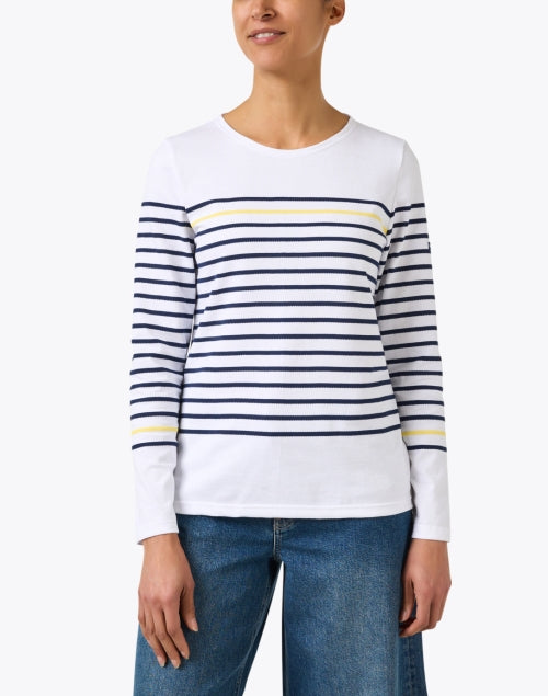 Etel Navy and White Striped Long - Sleeve Cotton Top with Yellow Accent