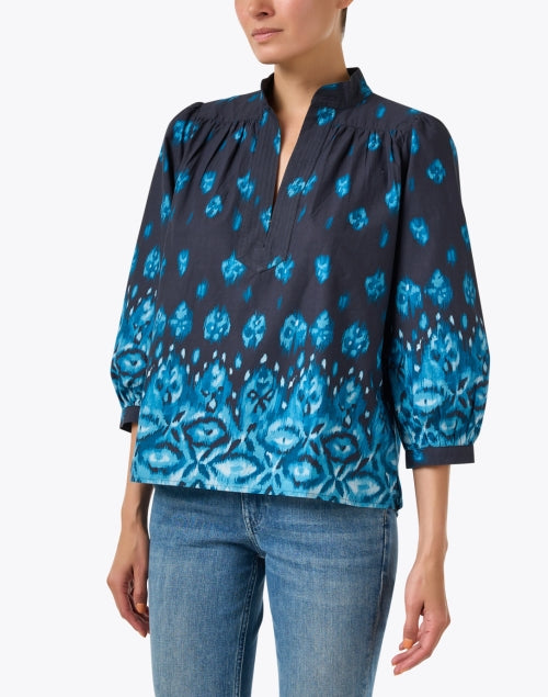 Stylish Danilia Blue Ikat Patterned Cotton Blouse with 3/4 Sleeves