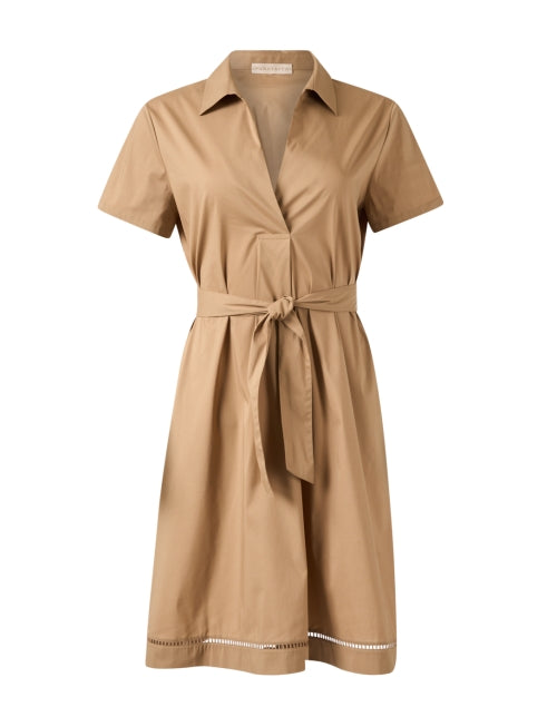 Stunning Tan Cotton Poplin Stretch Blend A-Line Shirt Dress