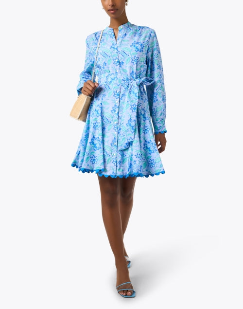 Stylish Blue Floral Print Godet Dress for Modern Women