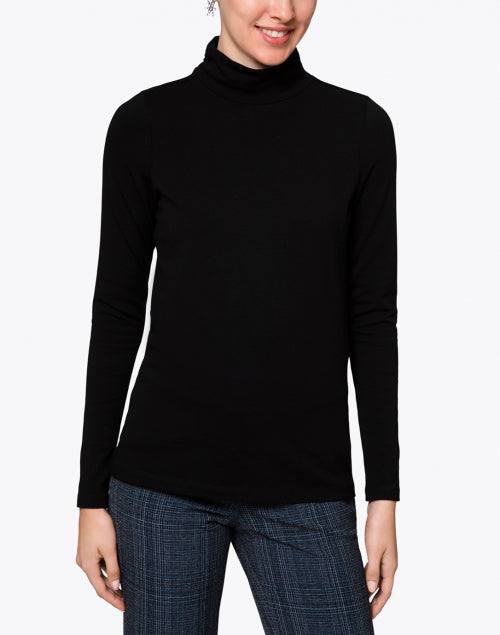 Stretch Pima Cotton Blend Black Ruched Mock Neck Long Sleeve Top