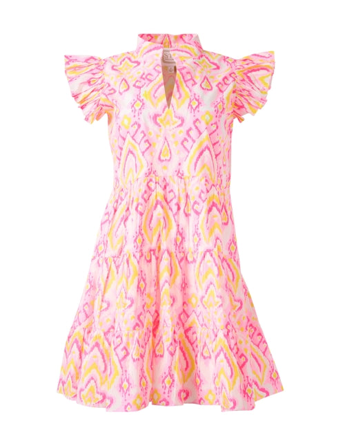 Sail to Sable's Pink Ikat Print Cotton Mini Tiered Dress with Flutter Sleeves