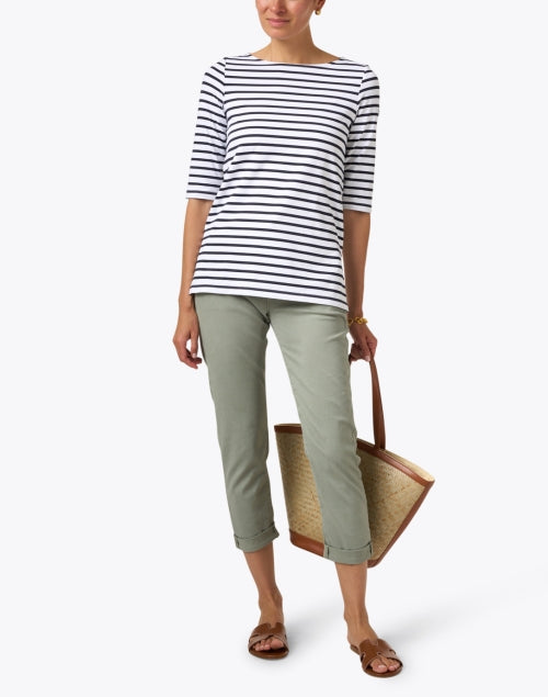 Stylish White and Navy Striped Shirt with UV Protection