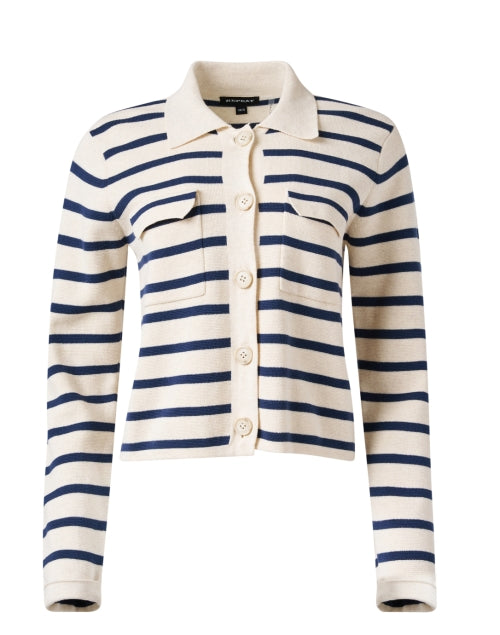 Stylish Ivory and Navy Striped Women's Cotton Knit Cardigan for Everyday Wear