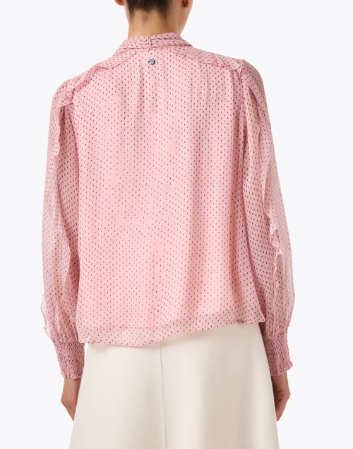 Charming Pink Polka Dot Self - Tie Neck Blouse with Sheer Sleeves