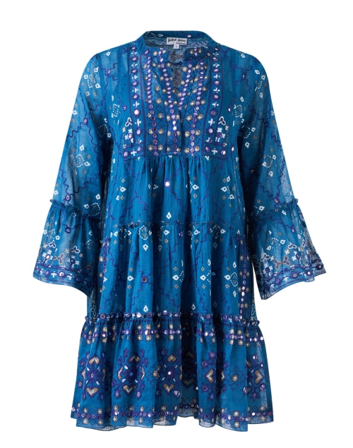 Stylish Blue Cotton Mosaic Print Flared-Sleeve Dress
