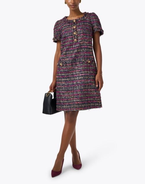 Chimen Elegant Multi - Tweed Women's Shift Dress with Gold Buttons