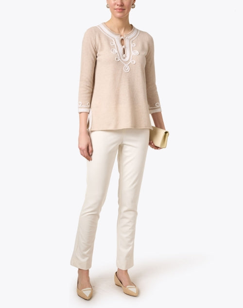 Calipso Beige Cashmere Top with Intricate White Embroidery