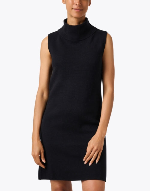 Stylish Parisian Black Cotton Cashmere Mini Turtleneck Dress