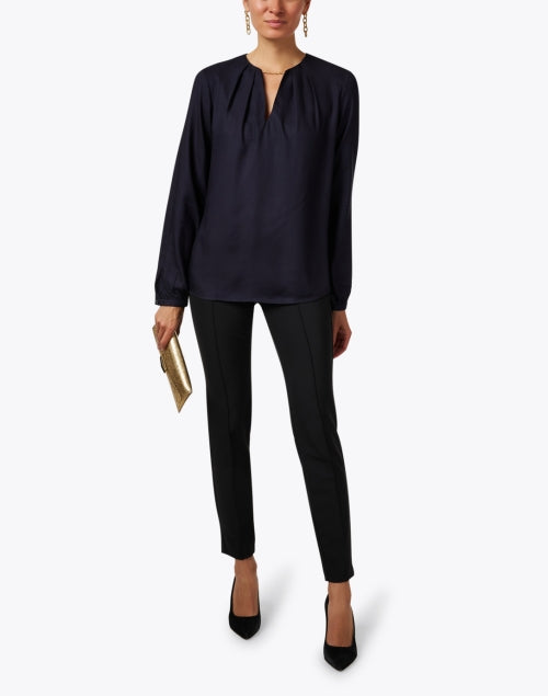 Stylish Navy Gold - Chain Split - Neck Blouse