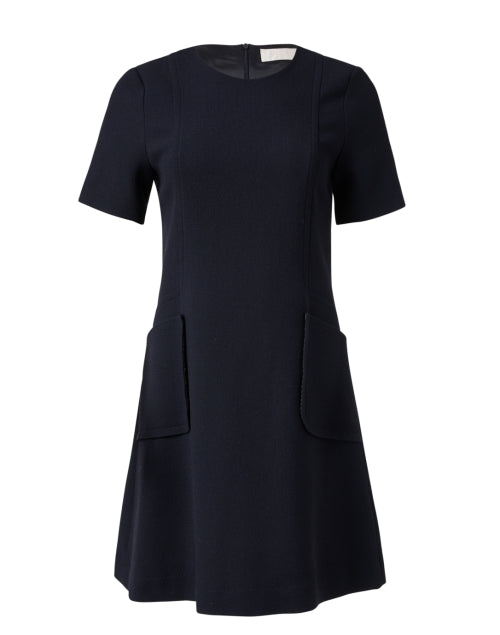 Navy Blue 100% Wool Crepe Pia Shift Dress with Front Patch Pockets
