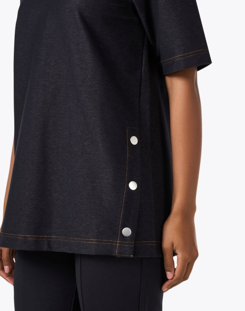 Navy Colored Women's Fashionable V-Neck Short Sleeve Top with Unique Button Detailing
