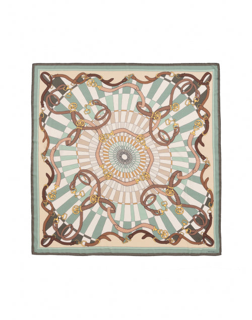 Luxurious Printed Silk Cashmere Scarf in Green and Brown Saddle Design