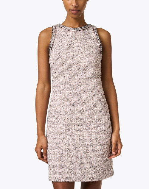 Elegant Pink Boucle Tweed Sheath Dress with Black and White Hints