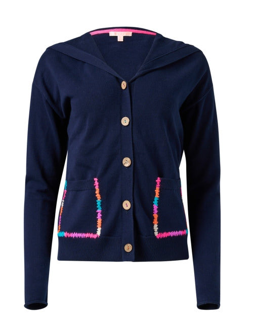 Navy Knit Cardigan with Contrast Stitch and Relaxed Hood