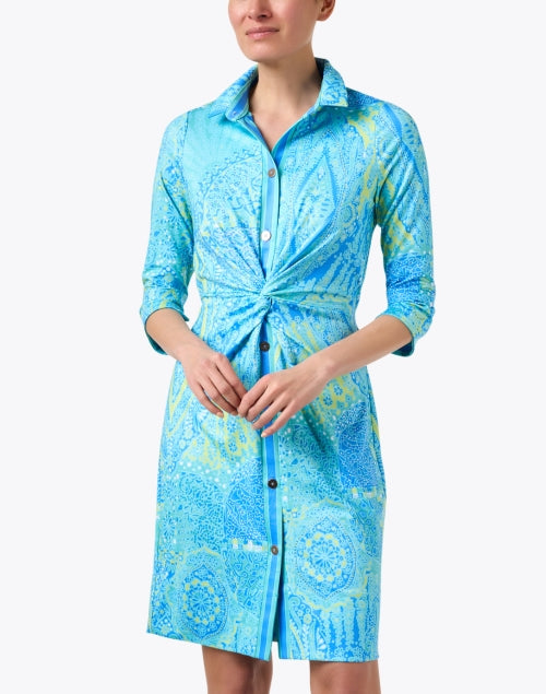 Intricate Turquoise Print Three - Quarter Sleeve Knee - Length Twist Dress