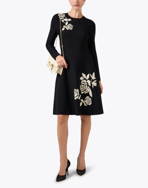 Stylish Black Jacquard Women's Dress with Ivory Rose Print