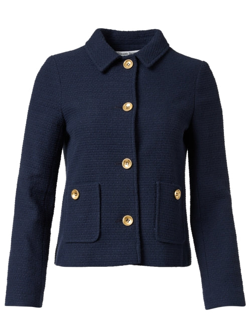 Helene Berman Greta Style Navy Blue Gold-Buttoned Woven Cotton Blend Jacket