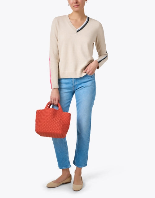 Beige Cotton Sweater with Contrasting Stripe Design