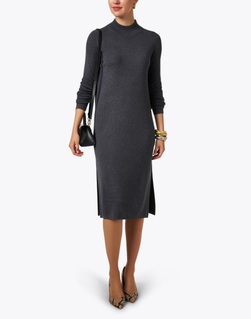 Elegant Deep Grey Wool Blend Midi Knit Dress for Versatile Wear