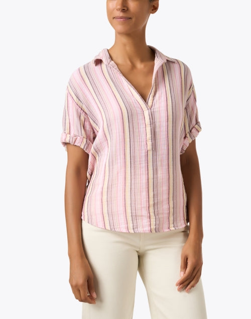 Pink and Striped Cotton Collared Seaside Casual Top by Xirena