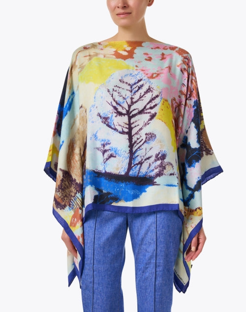 Elegant Multi - Tree Printed Cashmere Silk Poncho for a Classic Look