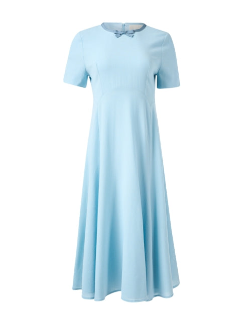 Thea Sky Blue Lightweight Wool Crepe A-Line Women's Dress with Neck Bow