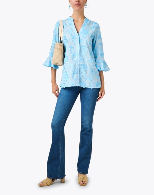 Arielle Women's Blue Floral-Embroidered Cotton Blouse for Casual Wear